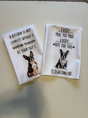 NWOT Source Unknown White Boston Terrier Kitchen Towels (Set of 2)
